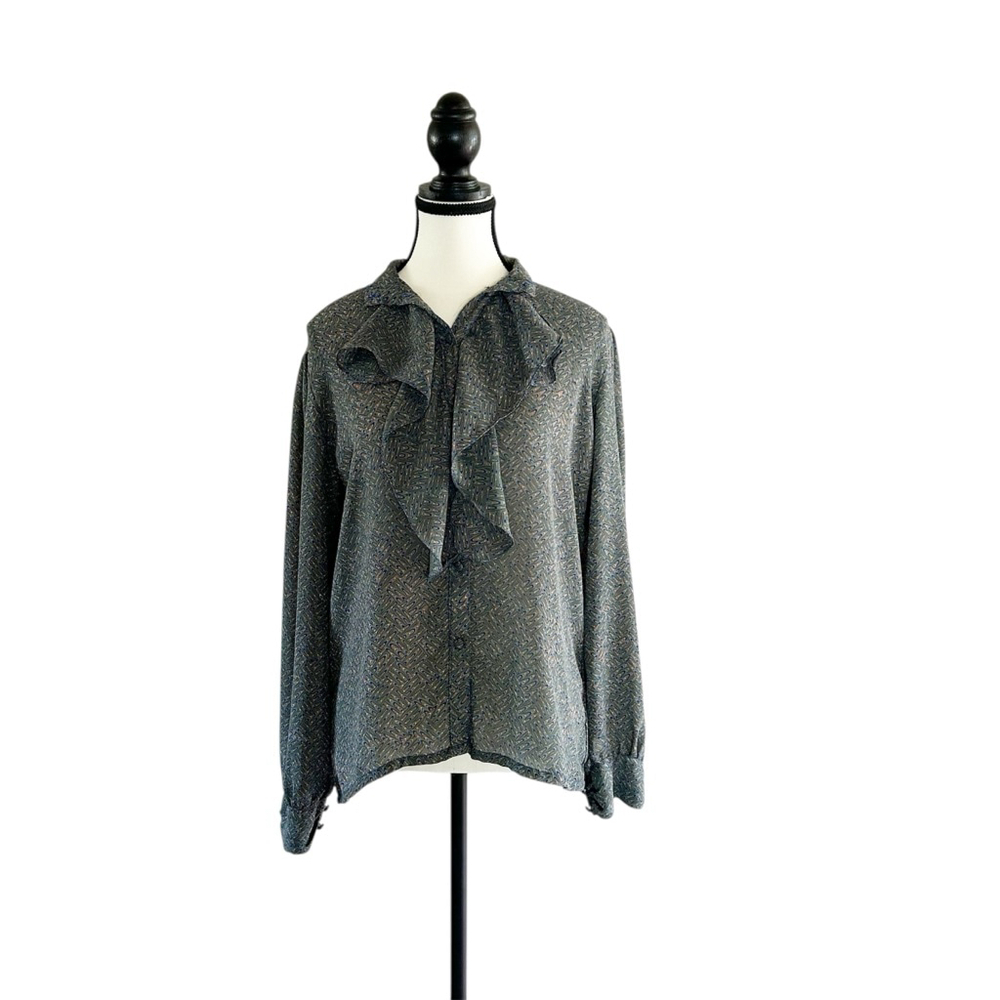 Vintage 90’s Susan Van Heusen Flowy Ruffle Sheer Blouse Gray Blue & Orange Y2K